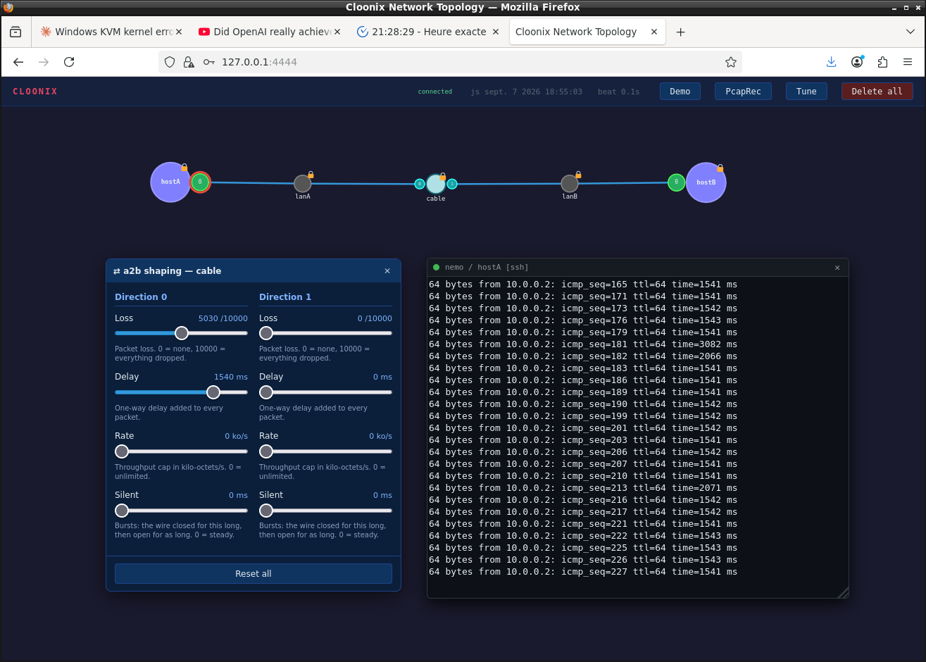 hostA and hostB joined through an a2b cable; the a2b shaping panel shows loss and delay sliders, and a console shows ping times of 1541 ms