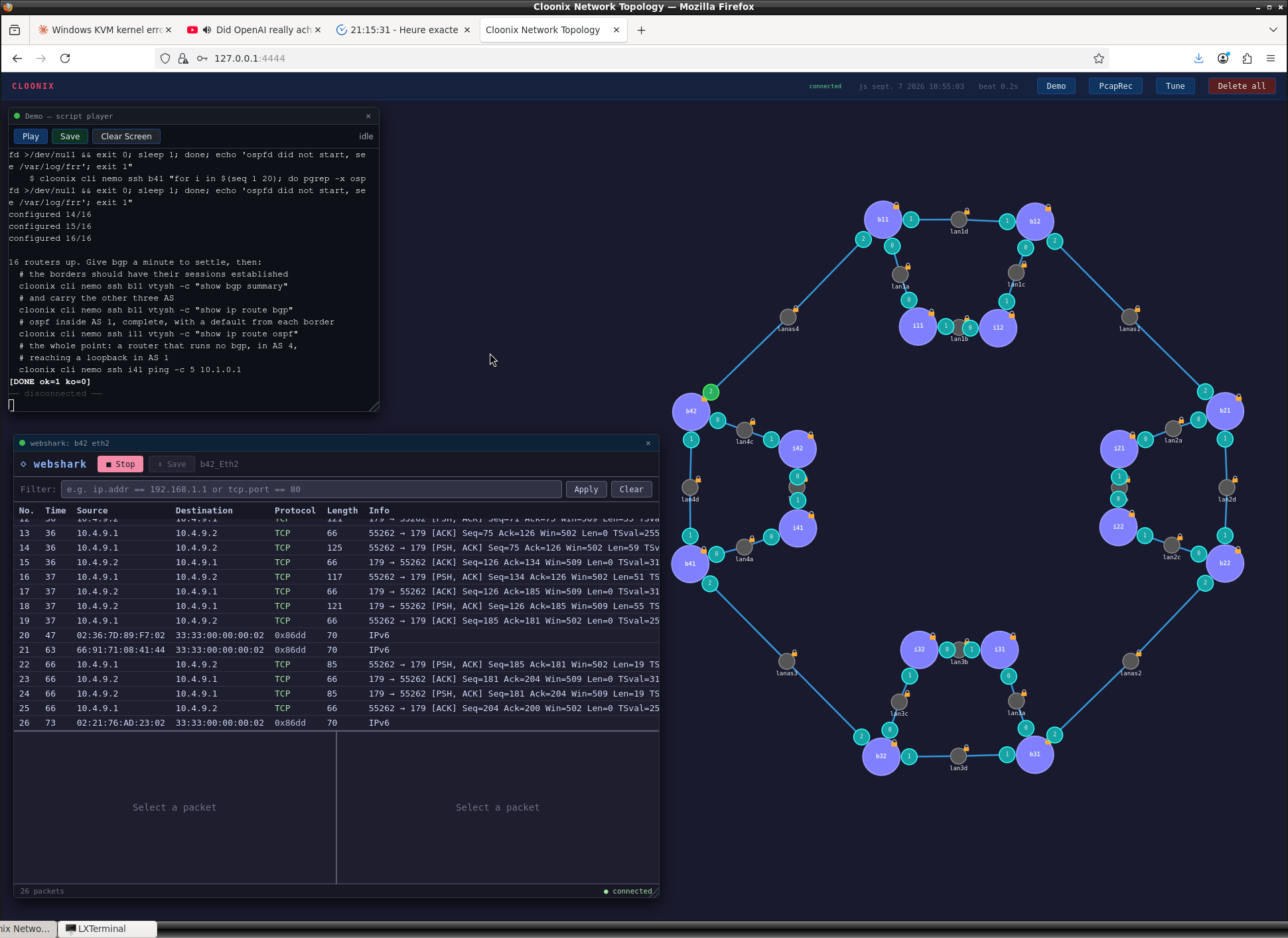 four autonomous systems of four routers each, the borders joined by lans, a webshark window listing BGP packets on a border interface