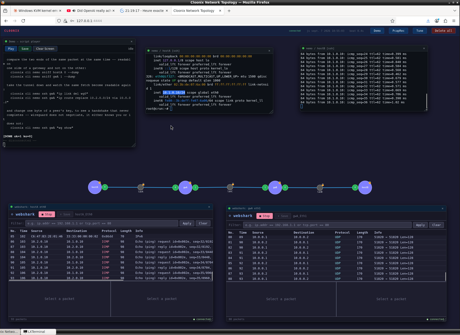 hostA, gwA, gwB, hostB on three lans; two webshark windows, one showing icmp echo on hostA eth0, the other showing only udp 51820 on gwA eth1