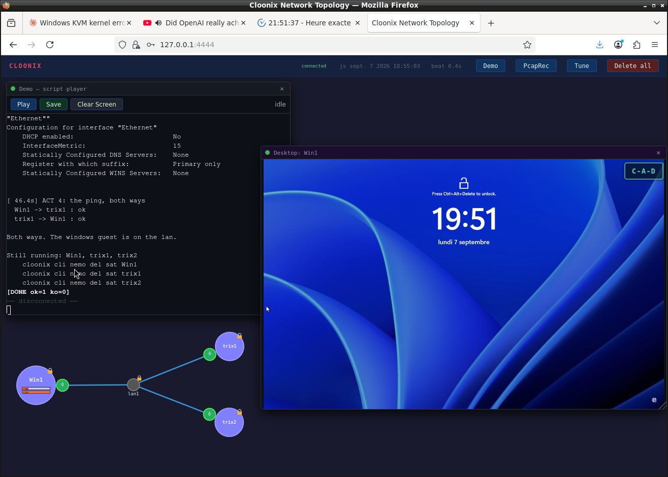 Win1, lan1, trix1 and trix2 on the canvas; the demo player reports the ping ok both ways; the windows desktop with Server Manager open in a browser panel
